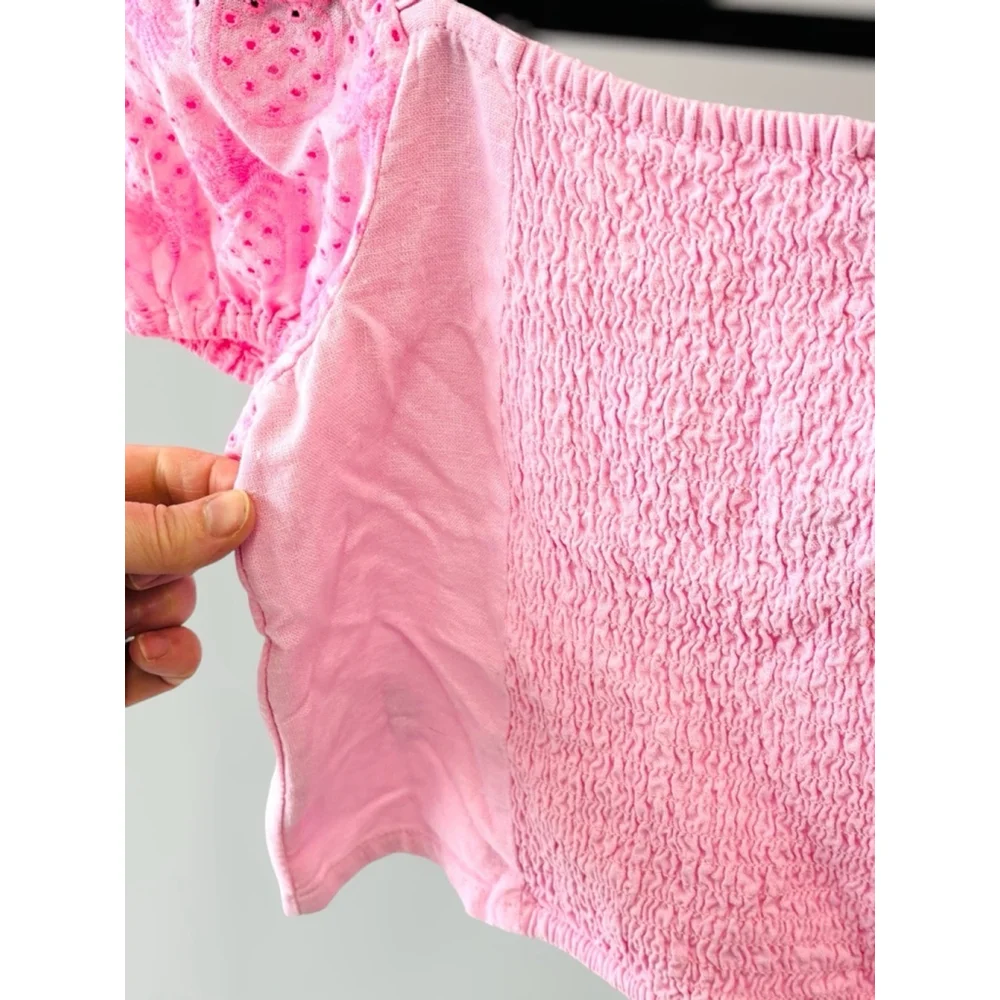 Old Navy Girls XL (14-16) Preppy Pink Puff Sleeved Top Smocked Pineapple Print